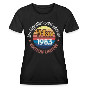 Naissance des légendes : Mai 1983 - 40 ans - T-shirt sport Femme - noir - Devant - AI Model Female 172 light (172cm)
