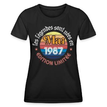 Naissance des légendes : Mai 1987 - 36ans - T-shirt sport Femme - noir - Devant - AI Model Female 172 light (172cm)