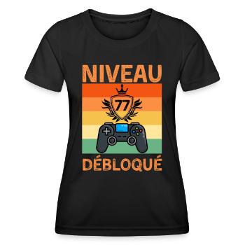 Niveau Anniversaire 77 ans Gamer humour - T-shirt sport Femme - noir - Devant - AI Model Female 172 light (172cm)