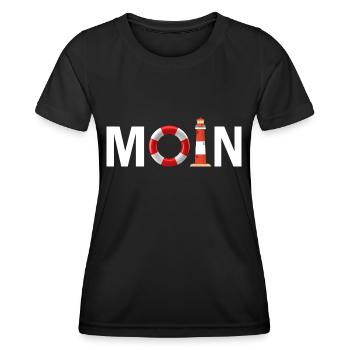 Moin mit dem Rettungsring und dem Leuchtturm Moin - Frauen Funktions-T-Shirt - Schwarz - Vorne - AI Model Female 172 light (172cm)