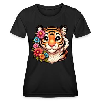 Tiger Weibchen mit Blumen - Frauen Funktions-T-Shirt - Schwarz - Vorne - AI Model Female 172 light (172cm)