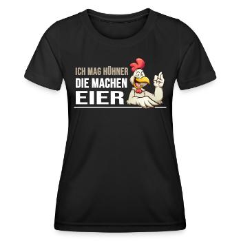 hühner hühnerleben "huhn macht eier" - Frauen Funktions-T-Shirt - Schwarz - Vorne - AI Model Female 172 light (172cm)