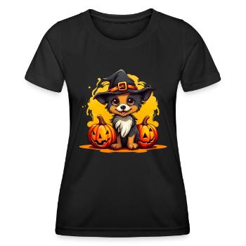 Cute Chihuahua puppy with witch hat and pumpkin - Women's Functional T-Shirt - black - Front - AI Model Female 172 light (172cm)