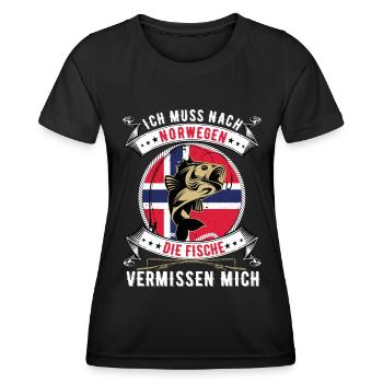 Ich muss nach Norwegen Angeln Angler Fischen Fisch - Frauen Funktions-T-Shirt - Schwarz - Vorne - AI Model Female 172 light (172cm)