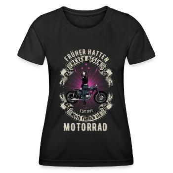 Motorrad Motorradfahrerin Frauenpower Bikerbraut - Frauen Funktions-T-Shirt - Schwarz - Vorne - AI Model Female 172 light (172cm)