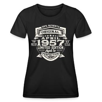 66 Birthday Man Original April Born 1957 - Women's Functional T-Shirt - black - Front - AI Model Female 172 light (172cm)