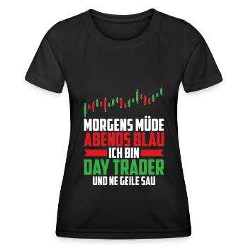 Day Trading Day Trader Morgens Müde Abends Blau - Frauen Funktions-T-Shirt - Schwarz - Vorne - AI Model Female 172 light (172cm)