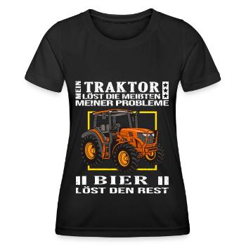 traktor ernte bauer fährt trecker trinkt bier - Frauen Funktions-T-Shirt - Schwarz - Vorne - AI Model Female 172 light (172cm)