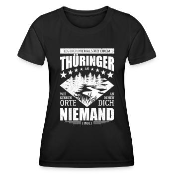 Leg dich nicht mit einem Thüringer an - Spruch - Frauen Funktions-T-Shirt - Schwarz - Vorne - AI Model Female 172 light (172cm)
