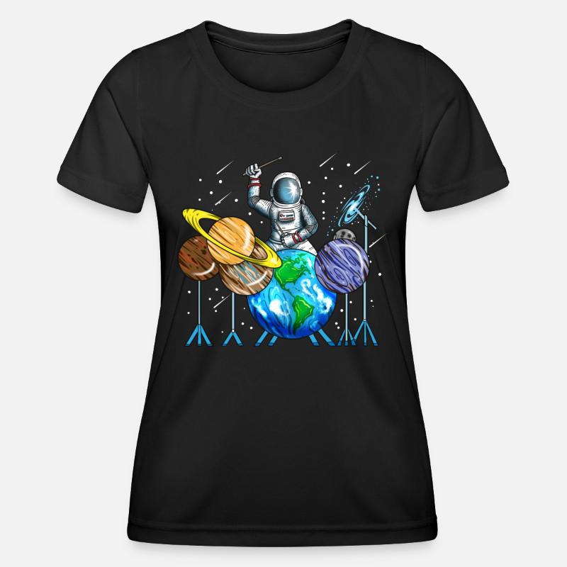 Planted Drummer Astronaut Cosmos Universe - Women's Functional T-Shirt - black
