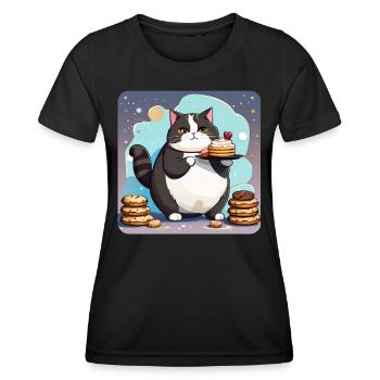 Niedliche dicke Katze mit Cup Cake - Frauen Funktions-T-Shirt - Schwarz - Vorne - AI Model Female 172 light (172cm)