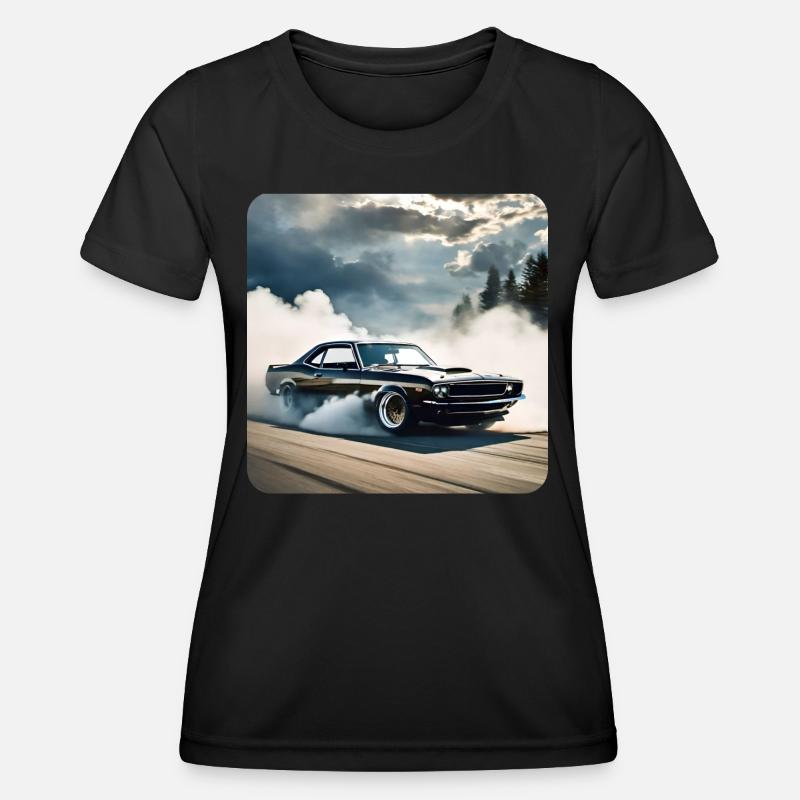 Schwarzes Odtimer Drift Auto Turbo mit Rauch - Frauen Funktions-T-Shirt - Schwarz
