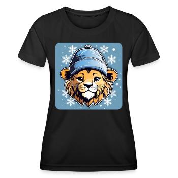 Niedlicher Löwe mit Wintermütze und Schneeflocken - Frauen Funktions-T-Shirt - Schwarz - Vorne - AI Model Female 172 light (172cm)