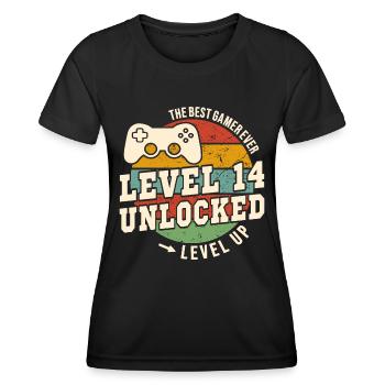 Level 14 unlocked - 14th anniversary - Women's Functional T-Shirt - black - Front - AI Model Female 172 light (172cm)