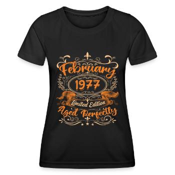 February 1977 | Aged Perfectly - T-shirt sport Femme - noir - Devant - AI Model Female 172 light (172cm)