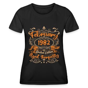 February 1982 | Aged Perfectly - T-shirt sport Femme - noir - Devant - AI Model Female 172 light (172cm)