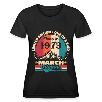 March 1973 | Aged Perfectly - T-shirt sport Femme - noir - Devant - AI Model Female 172 light (172cm)