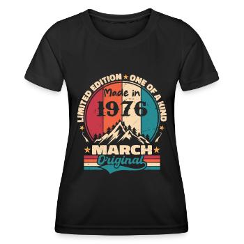 March 1976 | Aged Perfectly - T-shirt sport Femme - noir - Devant - AI Model Female 172 light (172cm)