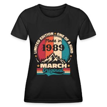 March 1989 | Aged Perfectly - T-shirt sport Femme - noir - Devant - AI Model Female 172 light (172cm)