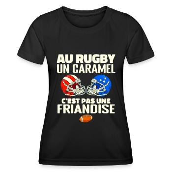 Au Rugby Un Caramel C'est Pas Une Friandise. rugby - T-shirt sport Femme - noir - Devant - AI Model Female 172 light (172cm)