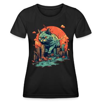 Kaiju Cat destroys City, Giant Evil Cat Japan - Women's Functional T-Shirt - black - Front - AI Model Female 172 light (172cm)