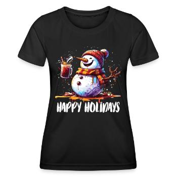 Schneemann trinkt Glühwein Happy Holidays - Frauen Funktions-T-Shirt - Schwarz - Vorne - AI Model Female 172 light (172cm)