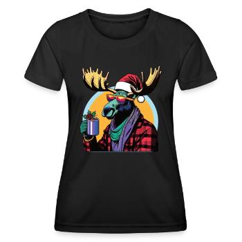 Pop Art orignal renne Noël vin chaud boisson - T-shirt sport Femme - noir - Devant - AI Model Female 172 light (172cm)