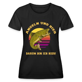 Angeln und Bier darum bin ich hier Angler Sprüche - Frauen Funktions-T-Shirt - Schwarz - Vorne - AI Model Female 172 light (172cm)