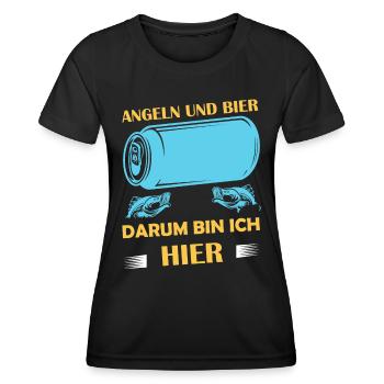 Angeln und Bier darum bin ich hier Angler Sprüche - Frauen Funktions-T-Shirt - Schwarz - Vorne - AI Model Female 172 light (172cm)