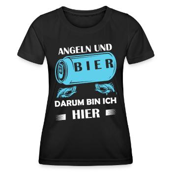 Angeln und Bier darum bin ich hier Angler Sprüche - Frauen Funktions-T-Shirt - Schwarz - Vorne - AI Model Female 172 light (172cm)