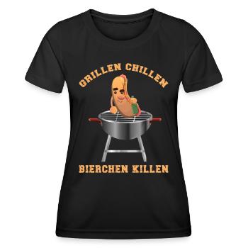 Grillen Chillen Bierchen Killen Grill Würstchen - Frauen Funktions-T-Shirt - Schwarz - Vorne - AI Model Female 172 light (172cm)