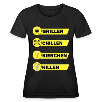 Grillen Chillen Bierchen Killen Grill Bier Spruch - Frauen Funktions-T-Shirt - Schwarz - Vorne - AI Model Female 172 light (172cm)
