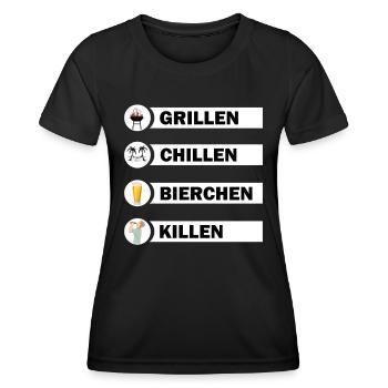 Grillen Chillen Bierchen Killen Grill Bier Spruch - Frauen Funktions-T-Shirt - Schwarz - Vorne - AI Model Female 172 light (172cm)