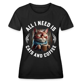 All I need are Cats and Coffee funny Cat Quotes - Frauen Funktions-T-Shirt - Schwarz - Vorne - AI Model Female 172 light (172cm)