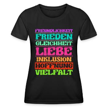 Inklusion Freundlichkeit Frieden Liebe Vielfalt - Frauen Funktions-T-Shirt - Schwarz - Vorne - AI Model Female 172 light (172cm)
