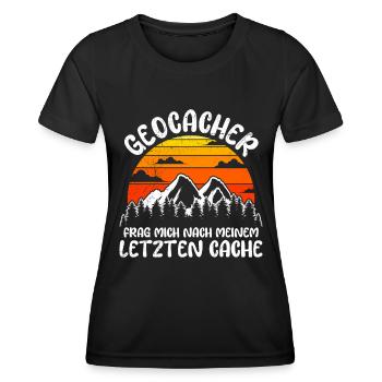 Geocache Frag mich nach meinem letzten Cache GPS - Frauen Funktions-T-Shirt - Schwarz - Vorne - AI Model Female 172 light (172cm)