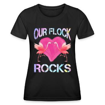 Flamingo Mädchen Our Flock Rocks Flamingos - Frauen Funktions-T-Shirt - Schwarz - Vorne - AI Model Female 172 light (172cm)