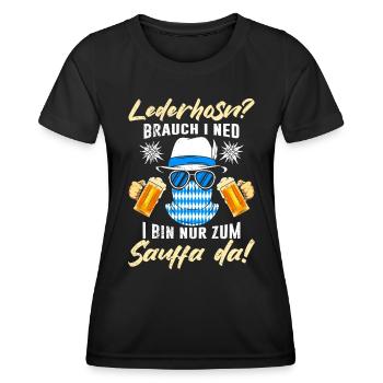 Lederhosn brauch i Ned Bin zum Suaffa da! - Frauen Funktions-T-Shirt - Schwarz - Vorne - AI Model Female 172 light (172cm)