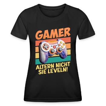 Gamer Altern nicht, Sie Leveln! Retro Gamer - Frauen Funktions-T-Shirt - Schwarz - Vorne - AI Model Female 172 light (172cm)