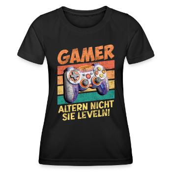 Gamer Altern nicht, Sie Leveln! Retro Gamer - Frauen Funktions-T-Shirt - Schwarz - Vorne - AI Model Female 172 light (172cm)