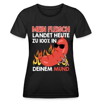 Grillmeister MEIN FLEISCH LANDET HEUTE IN DEINEM - Frauen Funktions-T-Shirt - Schwarz - Vorne - AI Model Female 172 light (172cm)