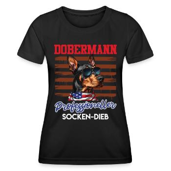 Doberman PROFESSIONELLER SOCKEN-DIEB Lustiges - Frauen Funktions-T-Shirt - Schwarz - Vorne - AI Model Female 172 light (172cm)