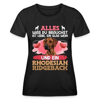 Ridgeback Frauen ALLES WAS DU BRAUCHST IST WEIN - Frauen Funktions-T-Shirt - Schwarz - Vorne - AI Model Female 172 light (172cm)