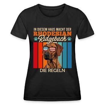 Ridgeback Besitzer HIER MACHT DER RIDGEBACK REGELN - Frauen Funktions-T-Shirt - Schwarz - Vorne - AI Model Female 172 light (172cm)