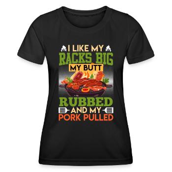 Grillfeste J’AIME MES RACKS GROS MES FESSES FROTTÉES - T-shirt sport Femme - noir - Devant - AI Model Female 172 light (172cm)
