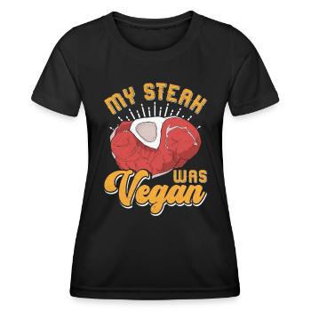 Fleischliebhaber MY STEAK WAS VEGAN Lustiges - Frauen Funktions-T-Shirt - Schwarz - Vorne - AI Model Female 172 light (172cm)