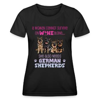 German Shepherd WOMAN CANNOT SURVIVE ON WINE - Women's Functional T-Shirt - black - Front - AI Model Female 172 light (172cm)