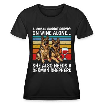German Shepherd Woman can't Survive with Wine alone - Women's Functional T-Shirt - black - Front - AI Model Female 172 light (172cm)