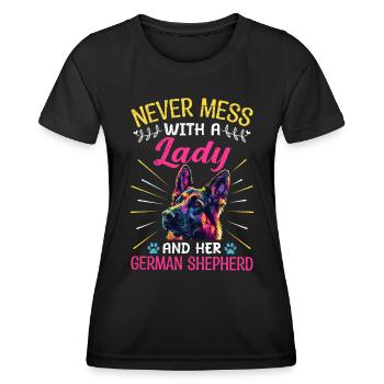NE JAMAIS MESSER AVEC UNE DAME ET SON BERGER - T-shirt sport Femme - noir - Devant - AI Model Female 172 light (172cm)
