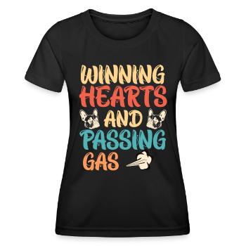 Lustige Bulldogge WINNING HEARTS PASSING GAS - Frauen Funktions-T-Shirt - Schwarz - Vorne - AI Model Female 172 light (172cm)